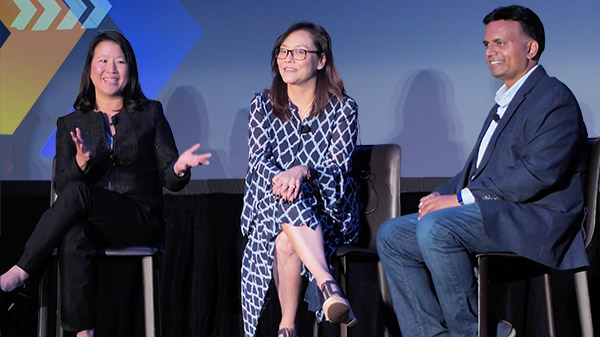 Gaurav Agrawal, Sr. Director, Engineering and Development, eBay; Lorena Chiu, VP Line of Business Services, Global IT, Oracle; and Linda Chen, Chief Marketing Officer, Cyara speaking at Xchange 2019