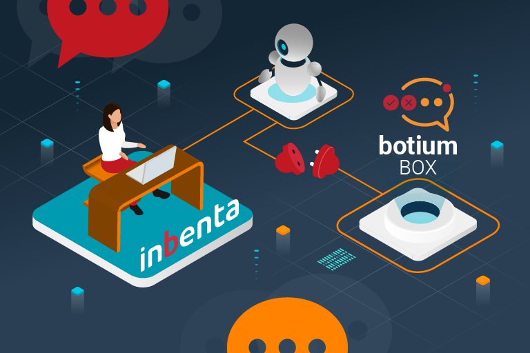 bot, botium logo, person sitting at inbenta desk