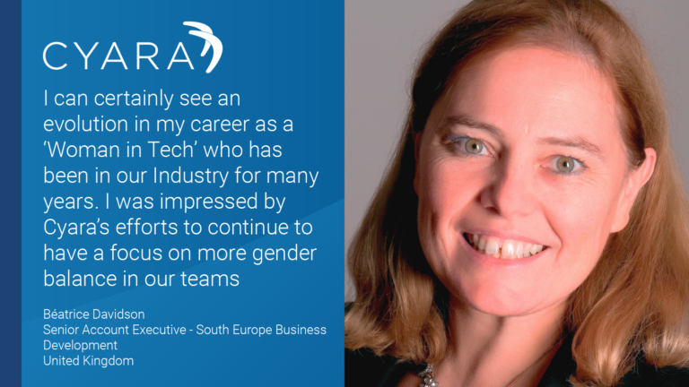 Cyara Employee: Beatrice Davidson with quote "I can certainly see an evolution in my career as a ‘Woman in Tech’ who has been in our Industry for many years. I was impressed by Cyara’s efforts to continue to have a focus on more gender balance in our teams”