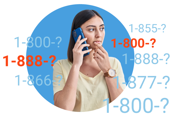 Woman on phone surrounded by toll-free number prefixes and question marks