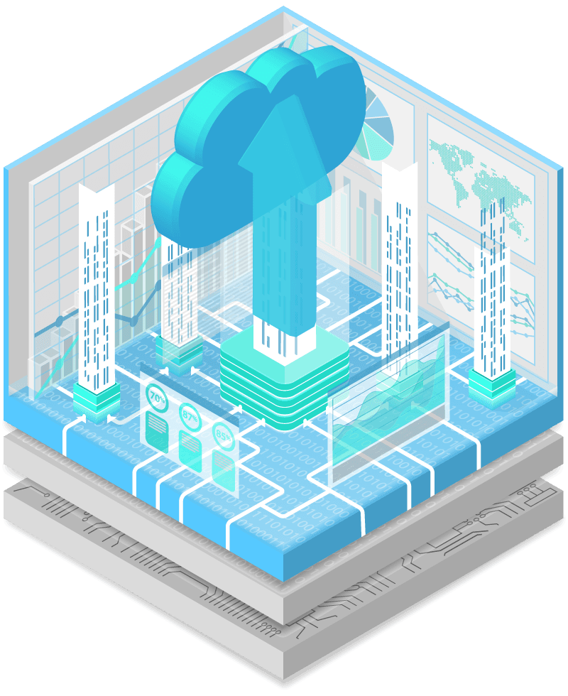 Isometric illustration of data moving to the cloud