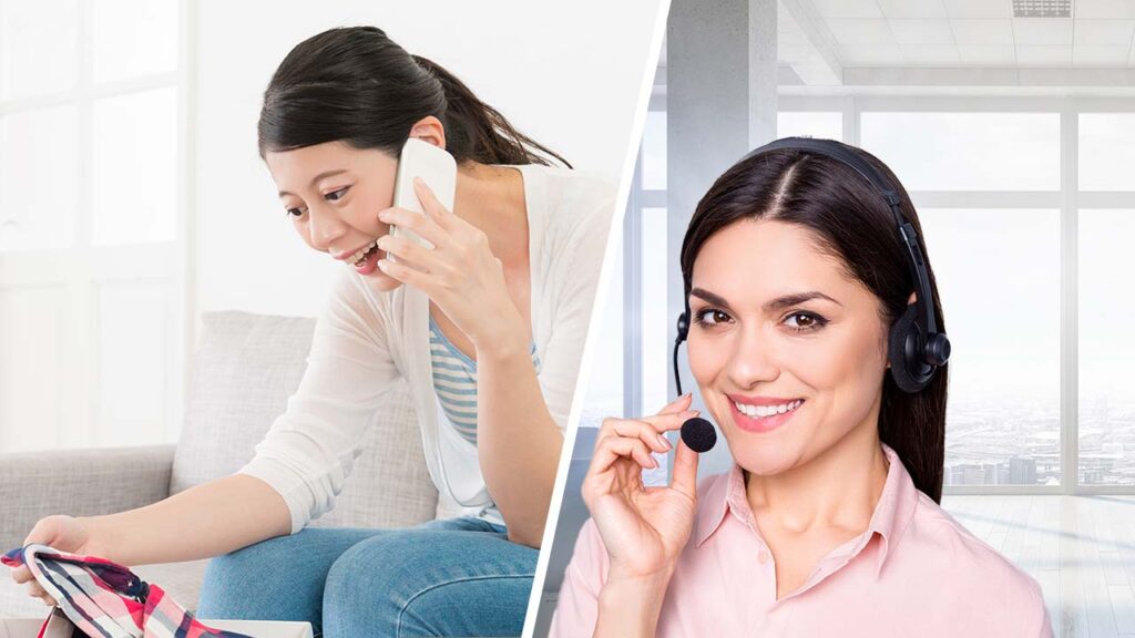 Delighted customer on phone with smiling customer service agent