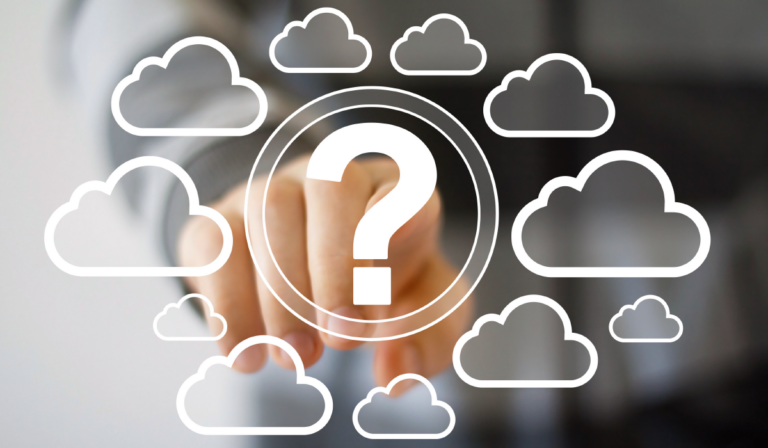 Finger pointing at question mark amid cloud icons