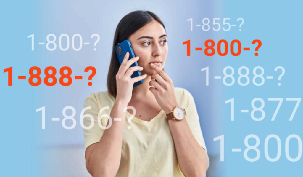 Woman on phone surrounded by toll free numbers with question marks