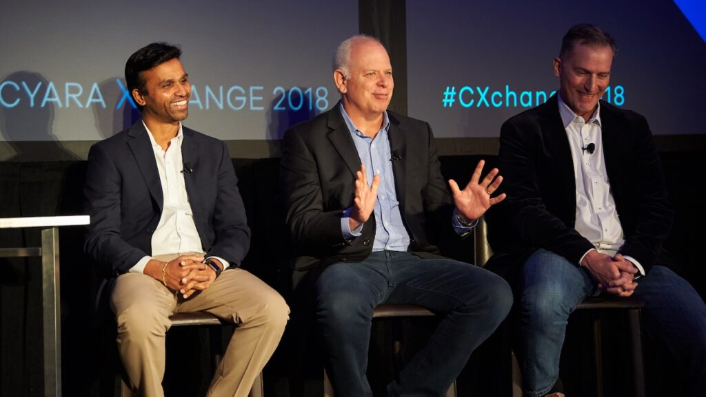 Anil Ravula, Mitch Glaser, Mark Remington onstage at Cyara Xchange 2018