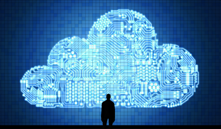 person standing before cloud graphic