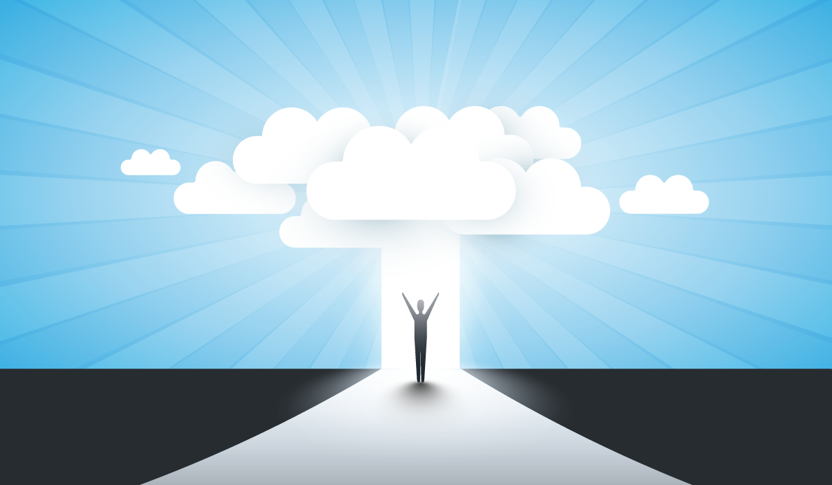 person with arms raised on path to clouds