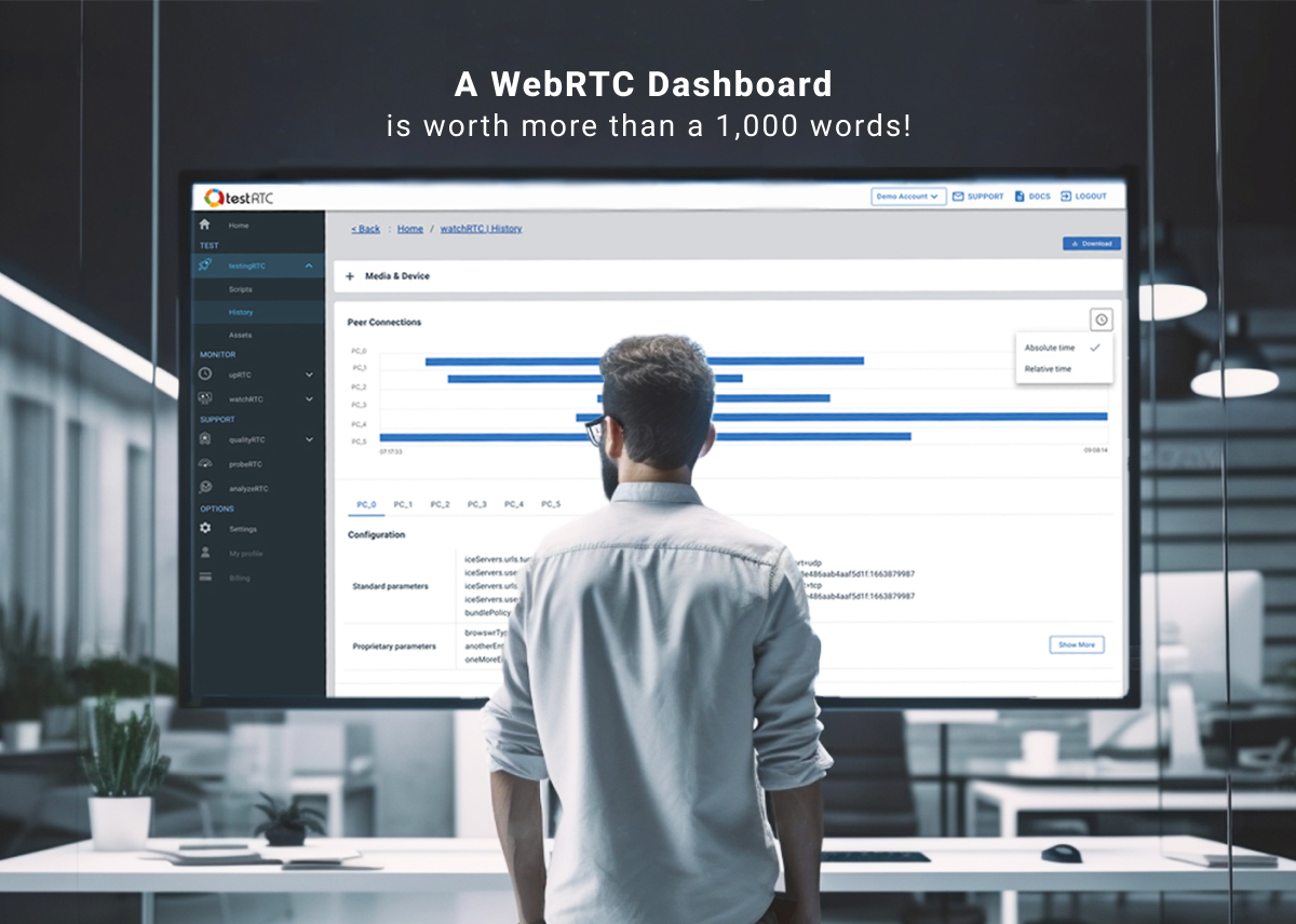 man standing in front of a webRTC dashboard