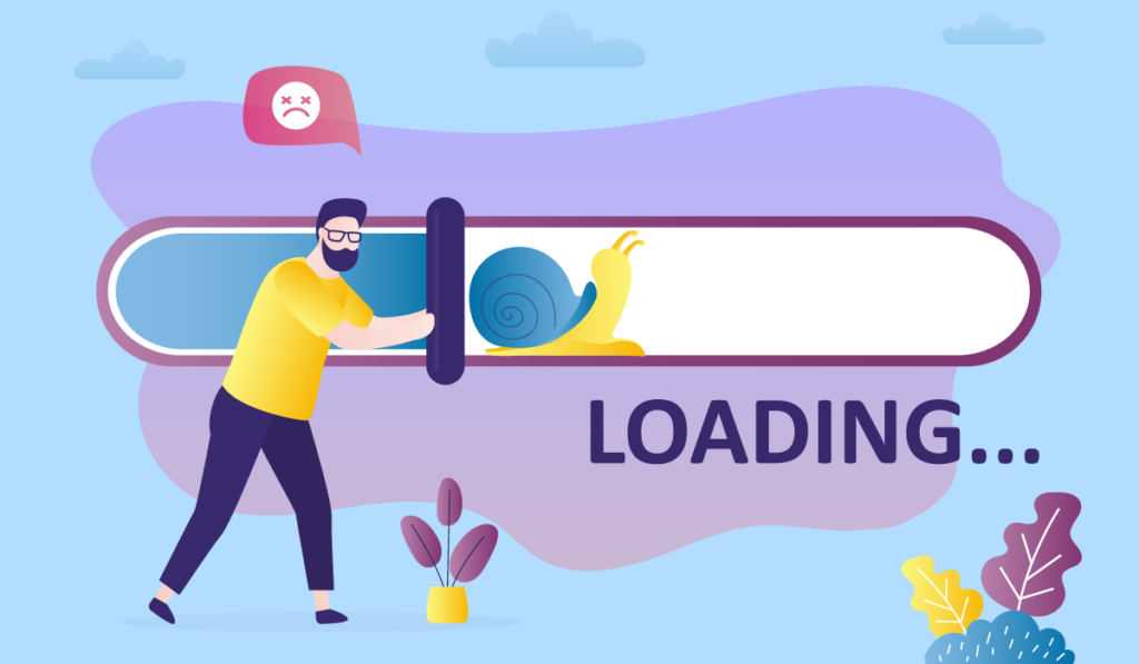 Man trying to push snails-pace loading status bar 