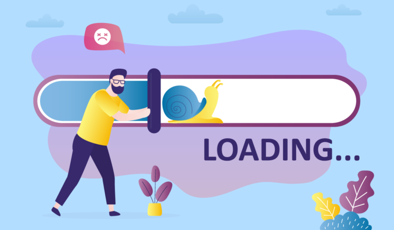 Man trying to push snails-pace loading status bar