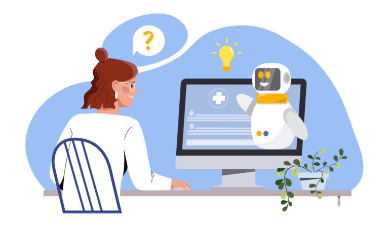 Woman working at computer with chatbot waving hello