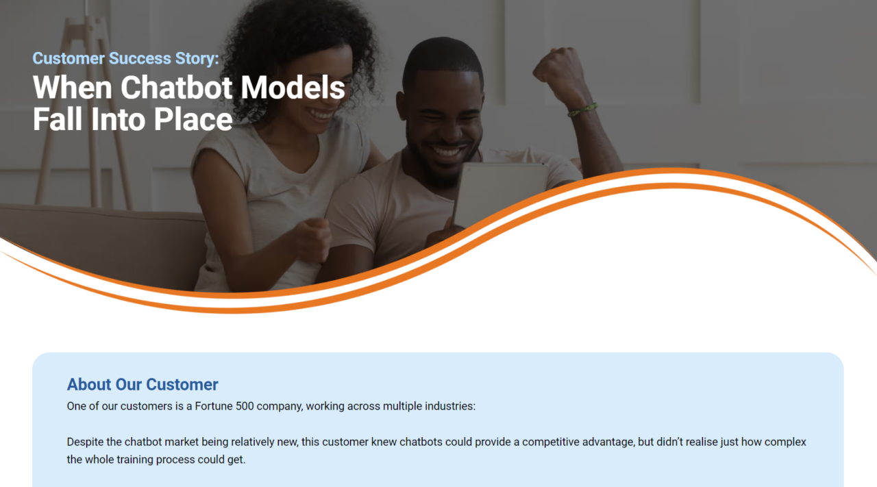 happy couple staring at tablet image with text over it saying "customer story:When Chatbot Models Fall Into Place"