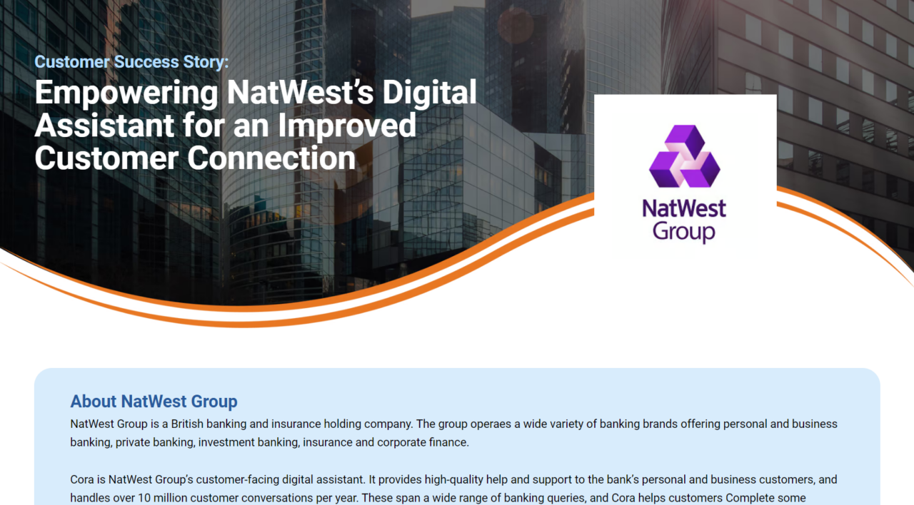 background image of skyscrappers with natwest group logo and text "customer story: Empowering NatWest’s Digital Assistant for an Improved Customer Connection"