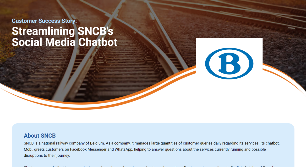 railroad tracks background with text "Customer Story: Streamlining SNCB's Social Media Chatbot"