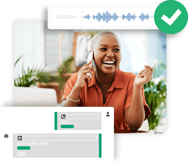 Happy woman on phone with communication metrics