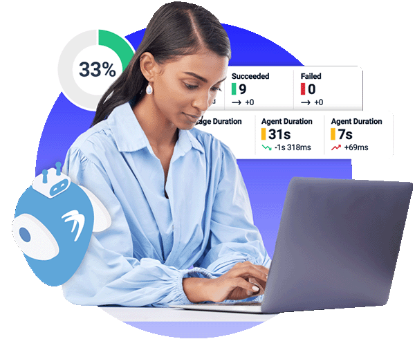 Woman with laptop and bot, conversational AI test stats in background