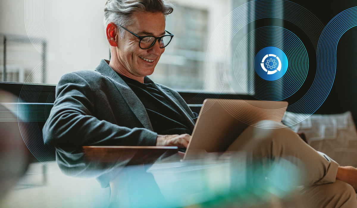 Smiling laptop user with webRTC product logo