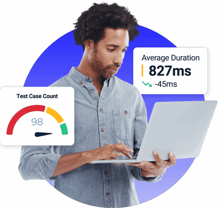 Man using laptop with test case cound and avg duration information