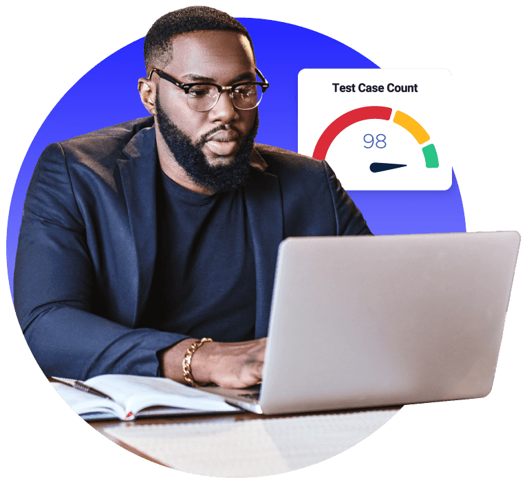 Man with laptop and test case count dashboard showing green