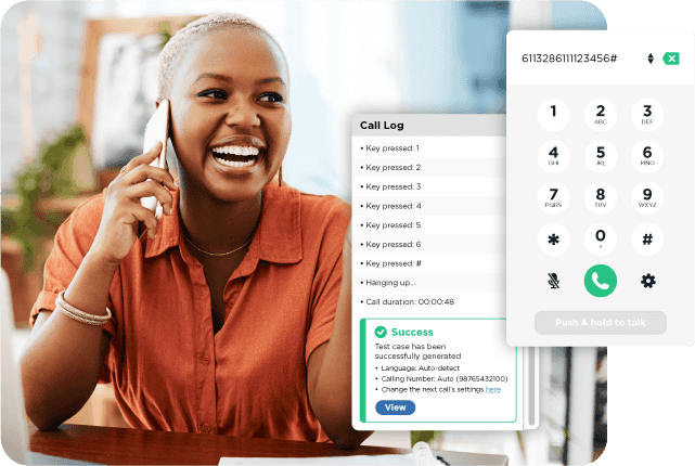 Pleased woman on phone with automated test case authoring dashboard