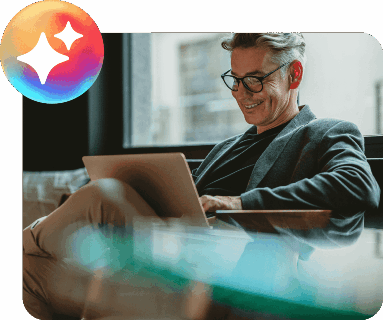 Smiling consumer using laptop; AI stars icon nearby illustration-8