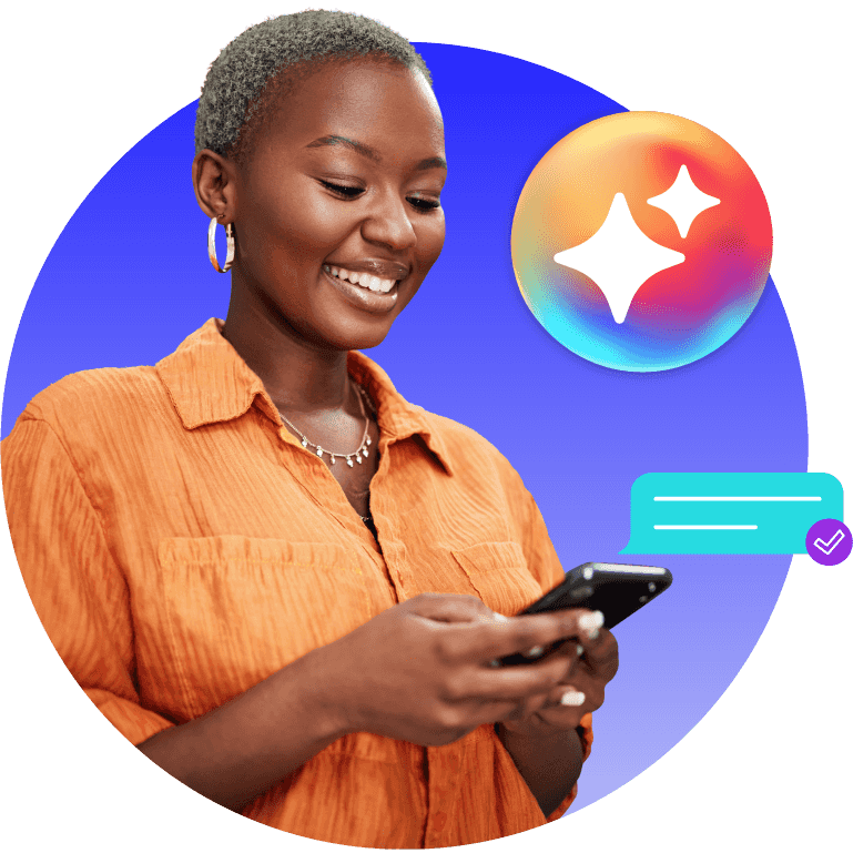 Smiling customer conversing with generative AI