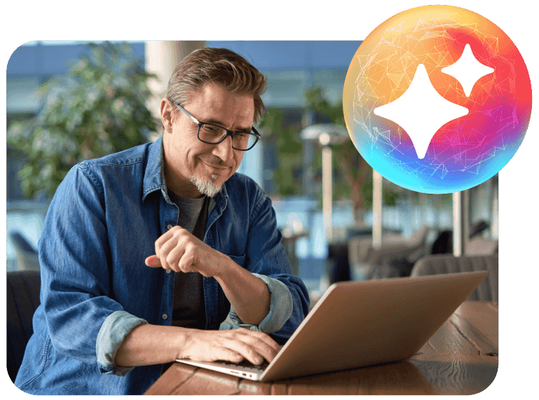 Smiling customer on laptop being assisted by AI