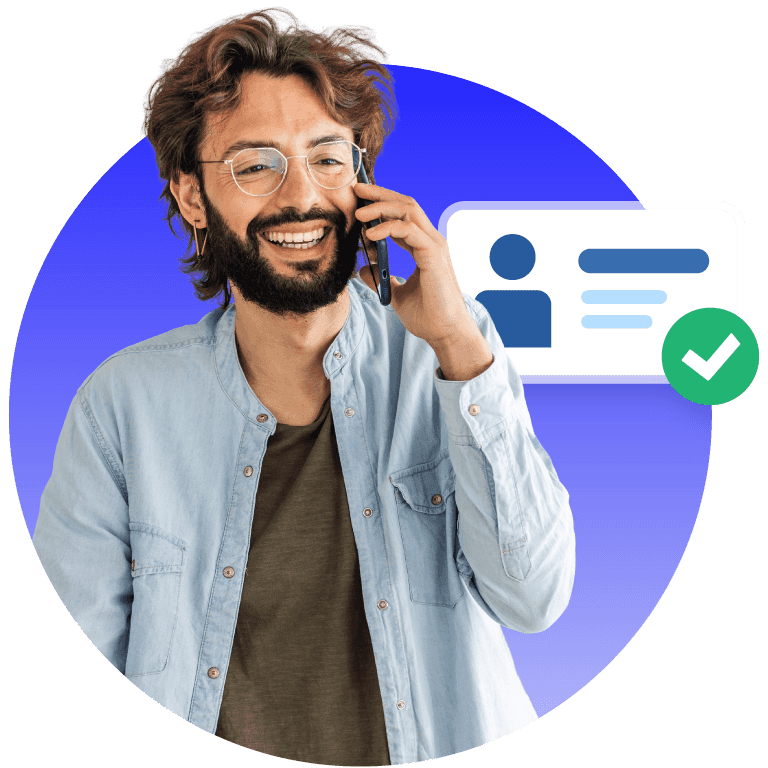 Smiling phone user with verified contact card